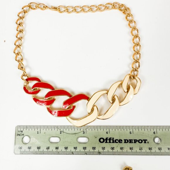 Monet Red Cream Enamel Gold-Tone Chain Link Necklace Chunky Statement - Picture 4 of 4